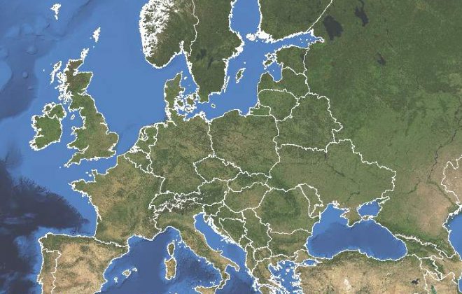 Европа сверху с обозначенными границами