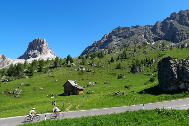 Bicycles going uphill in the The Dolomites In Italy