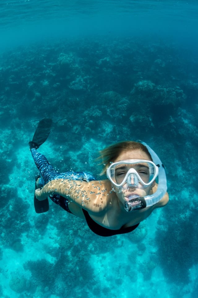 ผู้หญิงดำน้ำดูปะการังใต้น้ำ